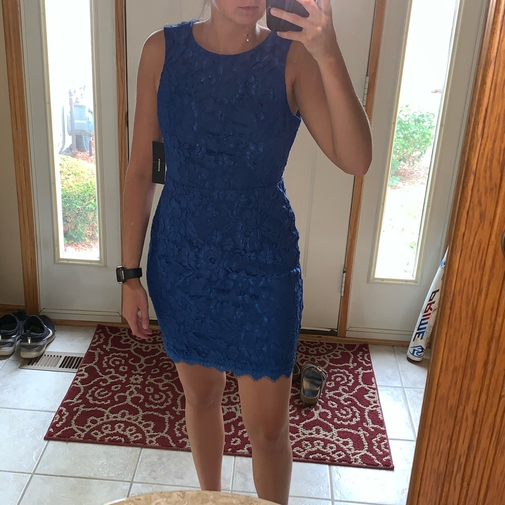 Lulu’s Rhythm of Love Blue Lace Backless Dress